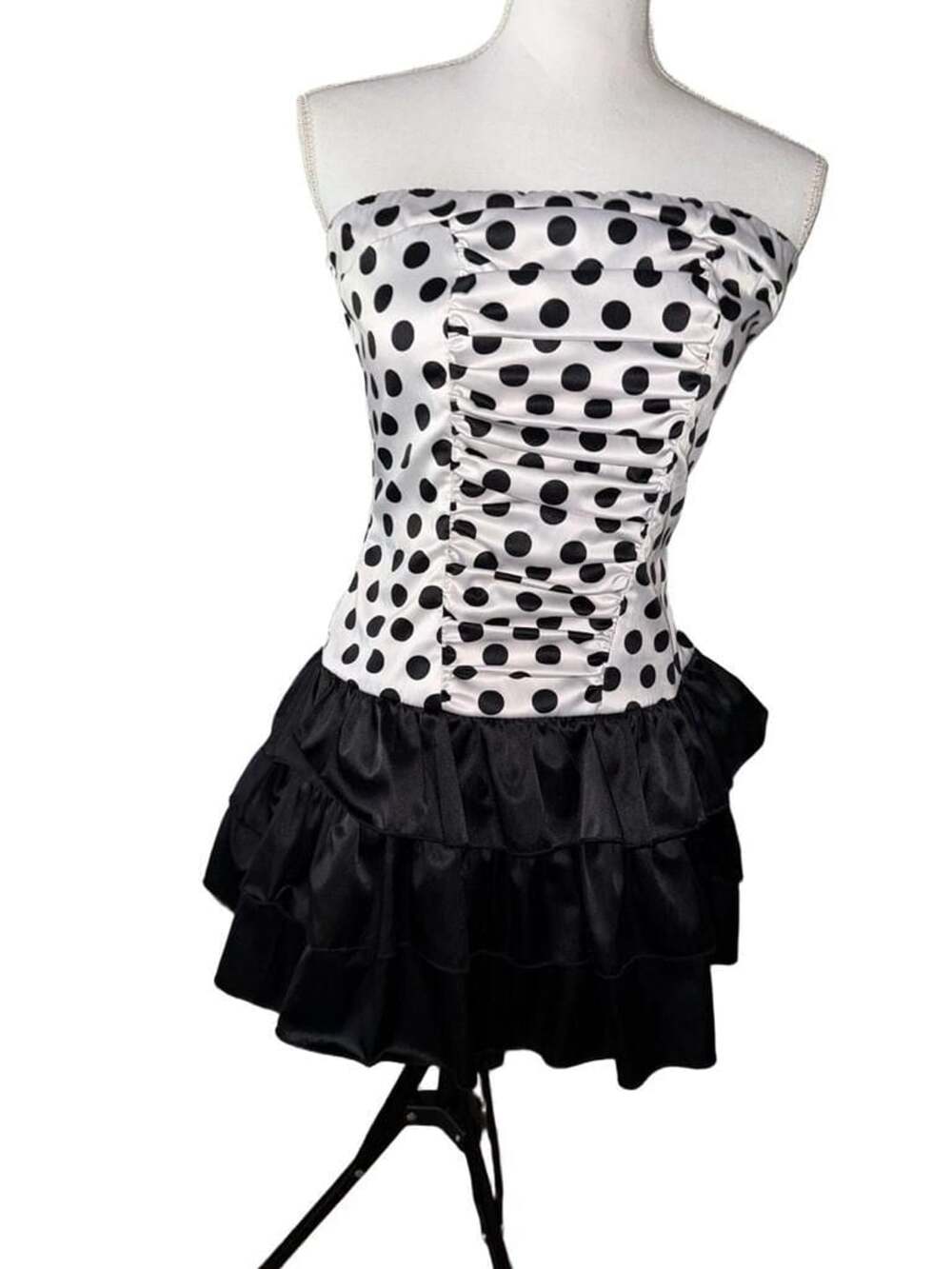 Nina Piu Polka Dot Mini Dress Size M Black White Strapless Ruffle Hem